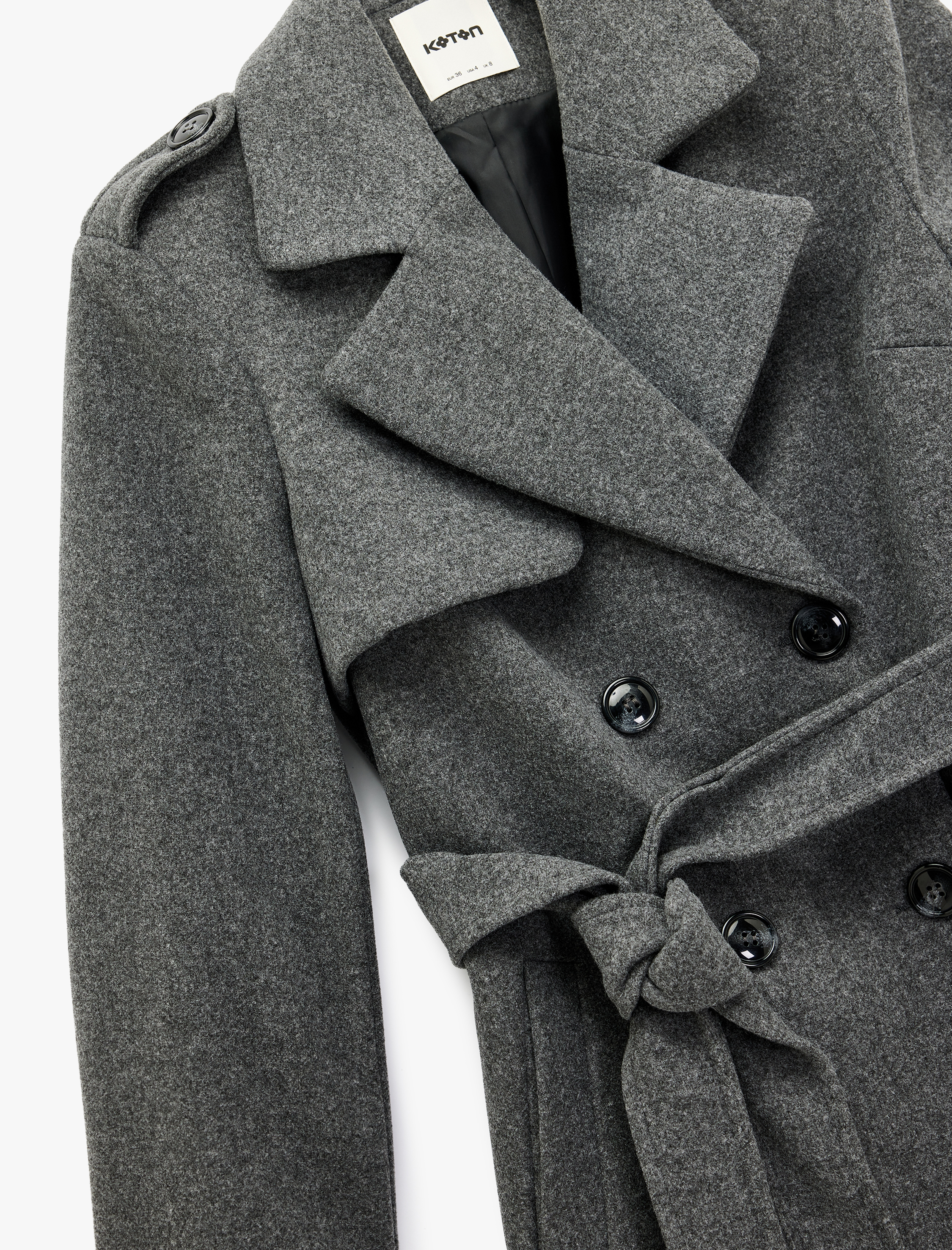   Trenç Kaban Kaşe Cepli Kemerli Kruvaze Uzun Kollu