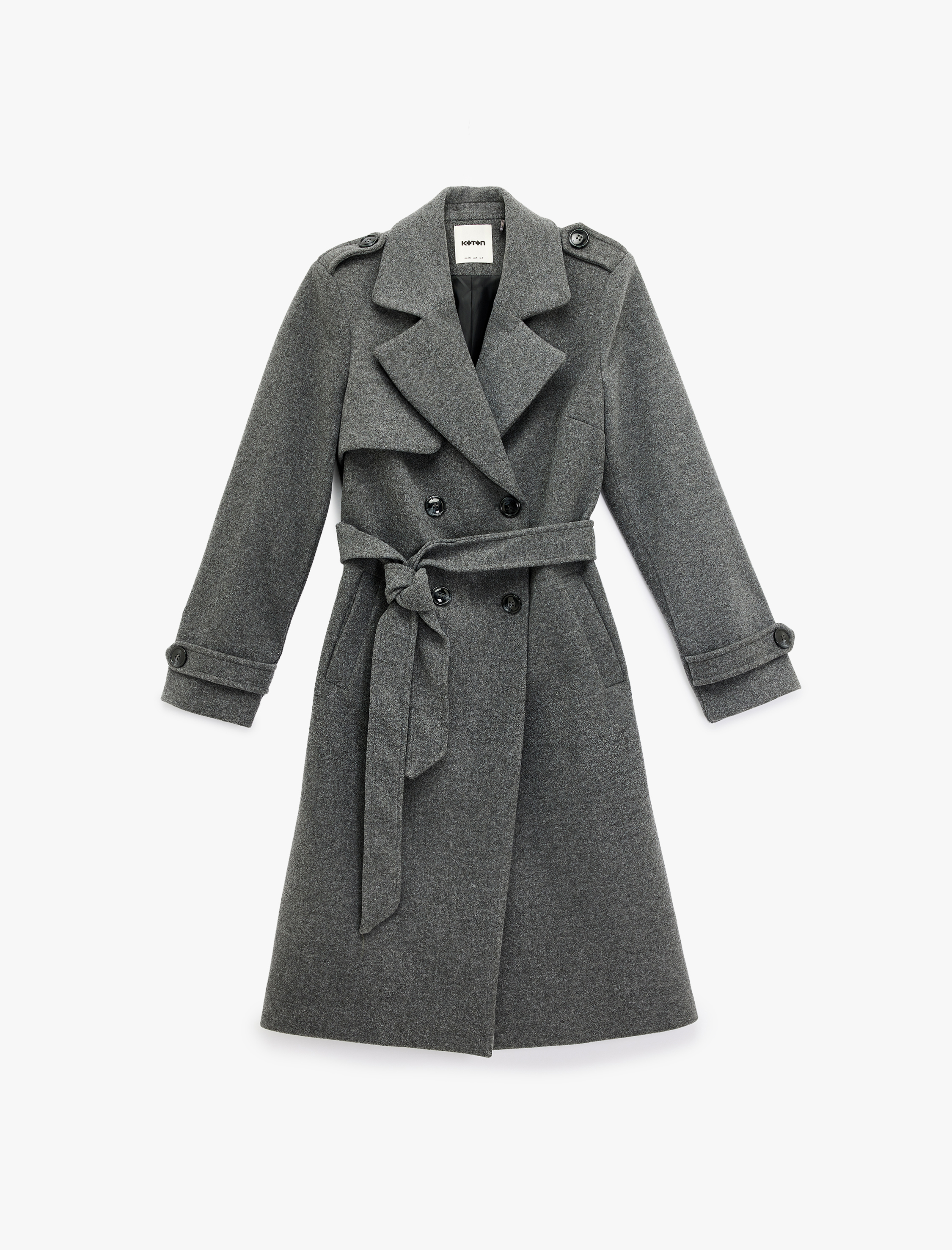   Trenç Kaban Kaşe Cepli Kemerli Kruvaze Uzun Kollu