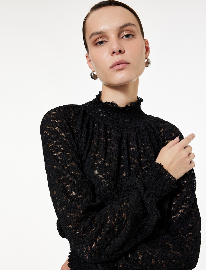  Slim Fit Gipeli Uzun Balon Kollu Dik Yaka Crop Dantelli Bluz