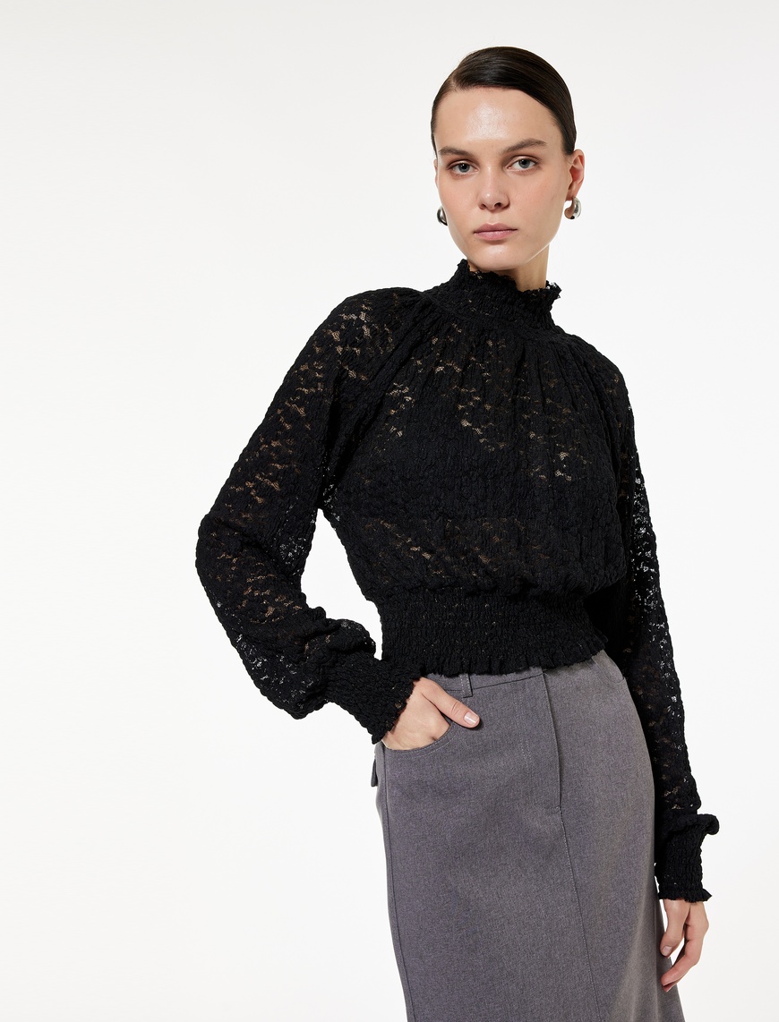   Slim Fit Gipeli Uzun Balon Kollu Dik Yaka Crop Dantelli Bluz