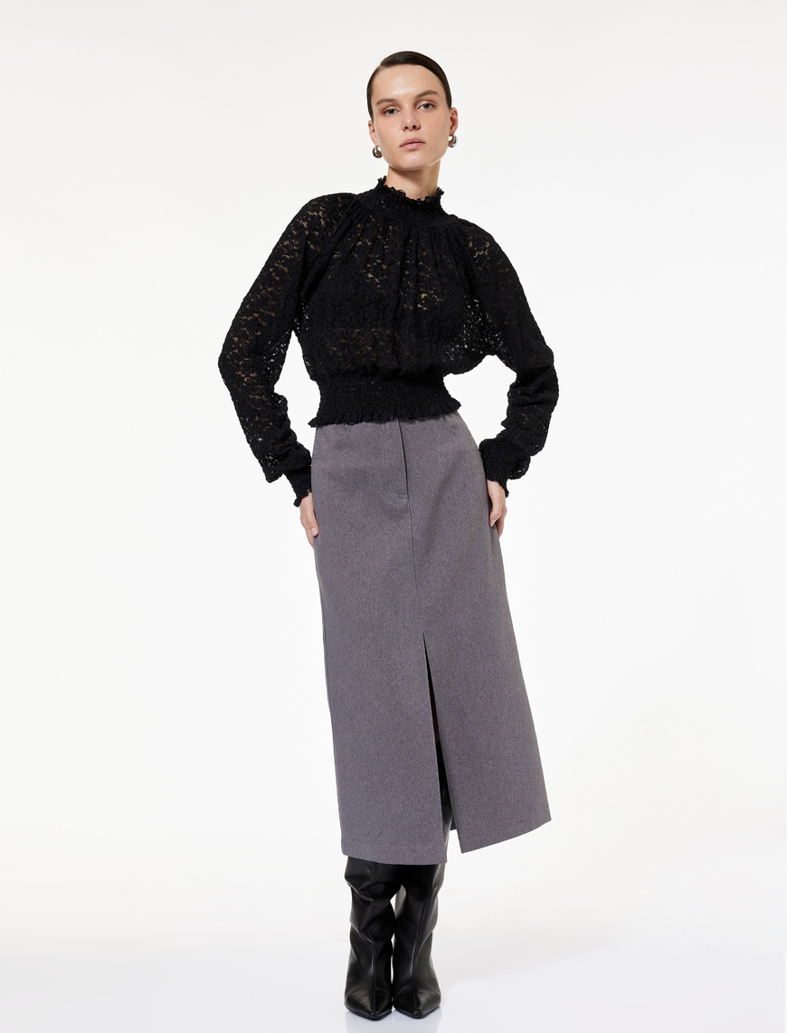  Slim Fit Gipeli Uzun Balon Kollu Dik Yaka Crop Dantelli Bluz