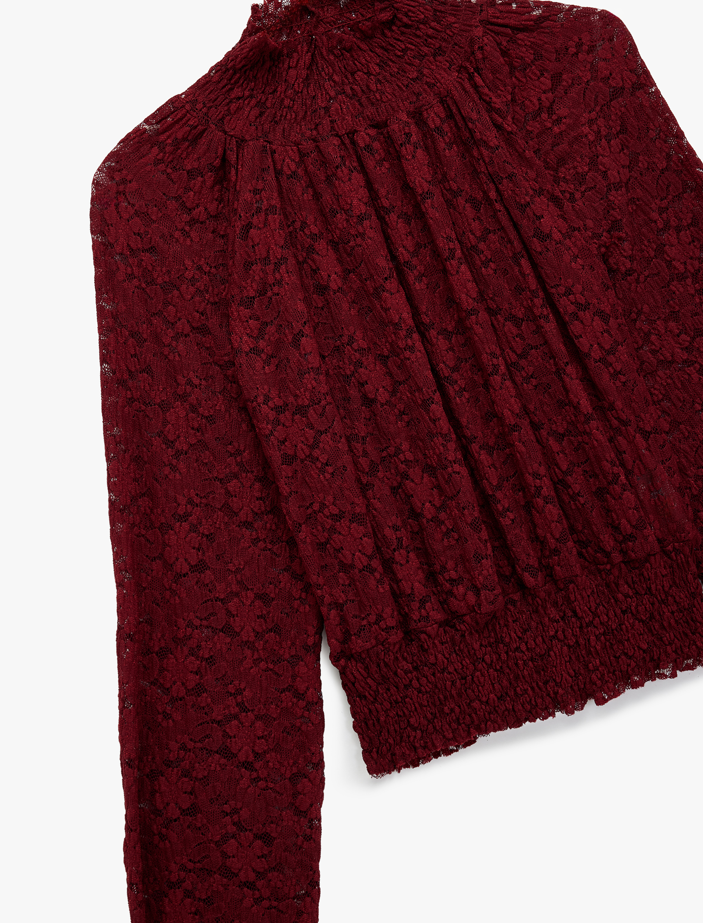   Slim Fit Gipeli Uzun Balon Kollu Dik Yaka Crop Dantelli Bluz