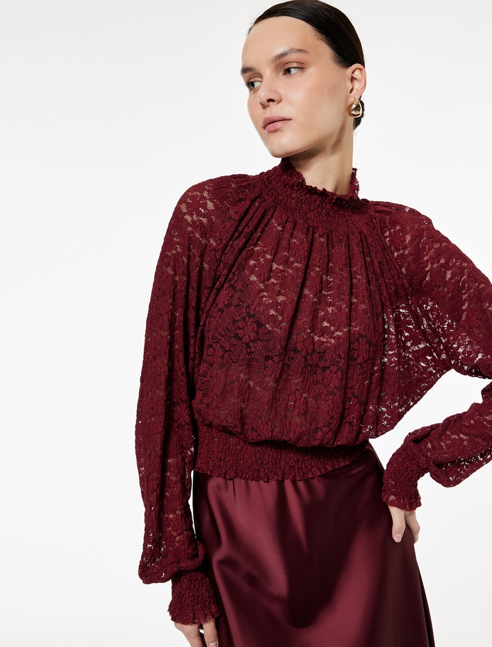  Slim Fit Gipeli Uzun Balon Kollu Dik Yaka Crop Dantelli Bluz