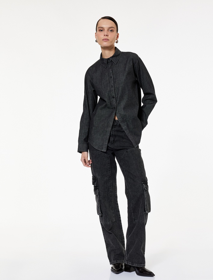  Regular Fit Uzun Kollu Düğmeli Denim Gömlek