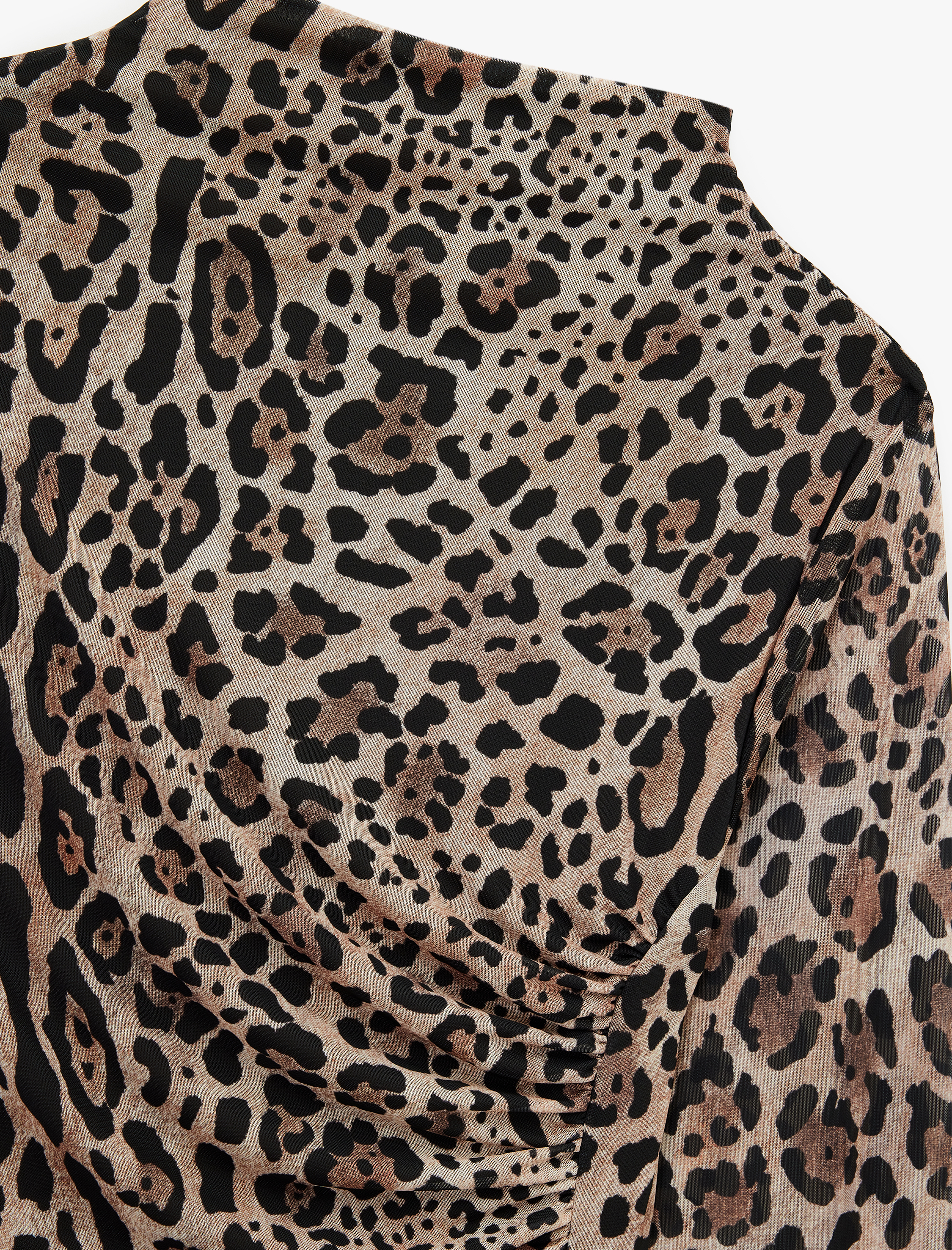   Uzun Kollu Yarı Transparan Drapeli Dik Yaka Leopar Desenli Tül Bluz