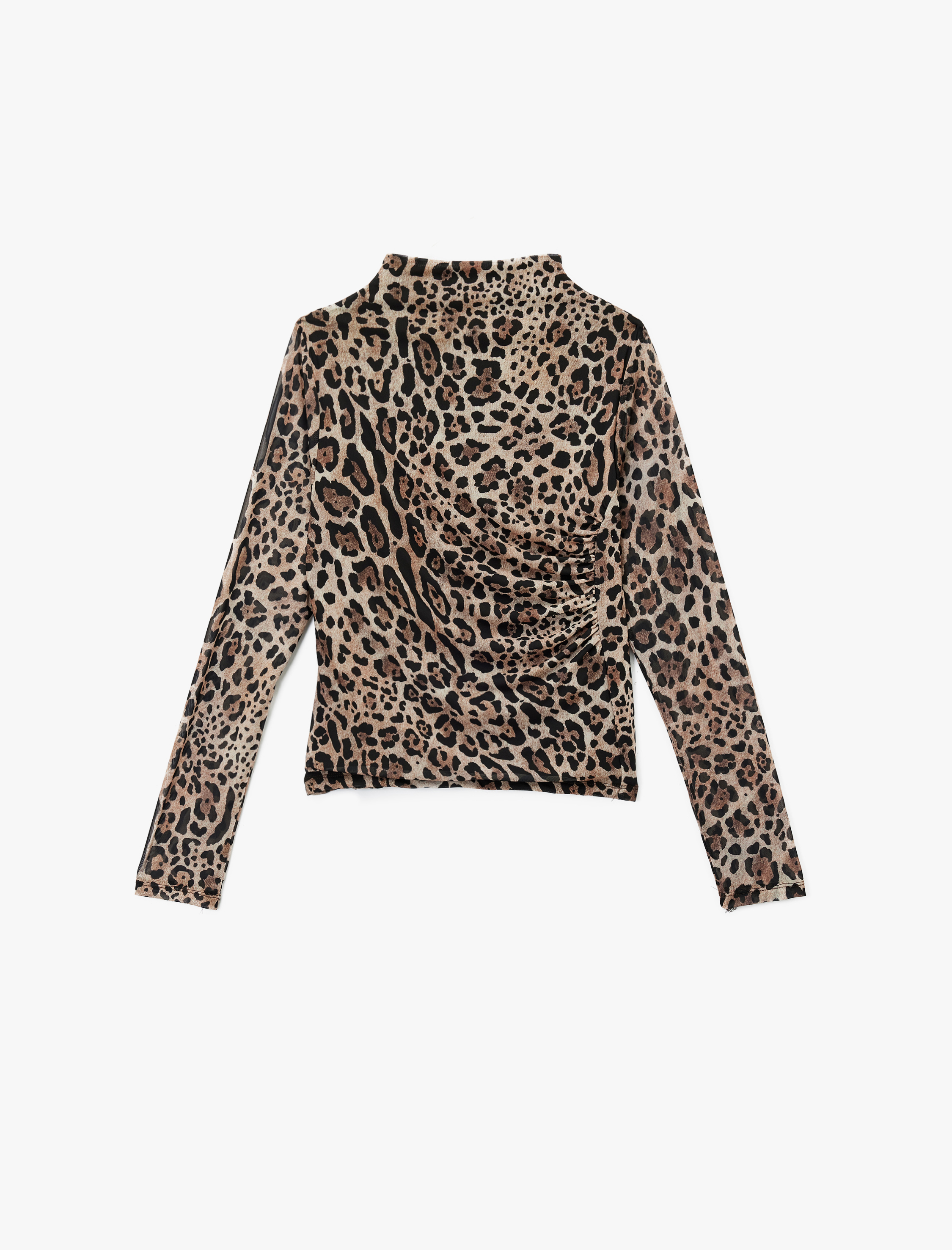   Uzun Kollu Yarı Transparan Drapeli Dik Yaka Leopar Desenli Tül Bluz