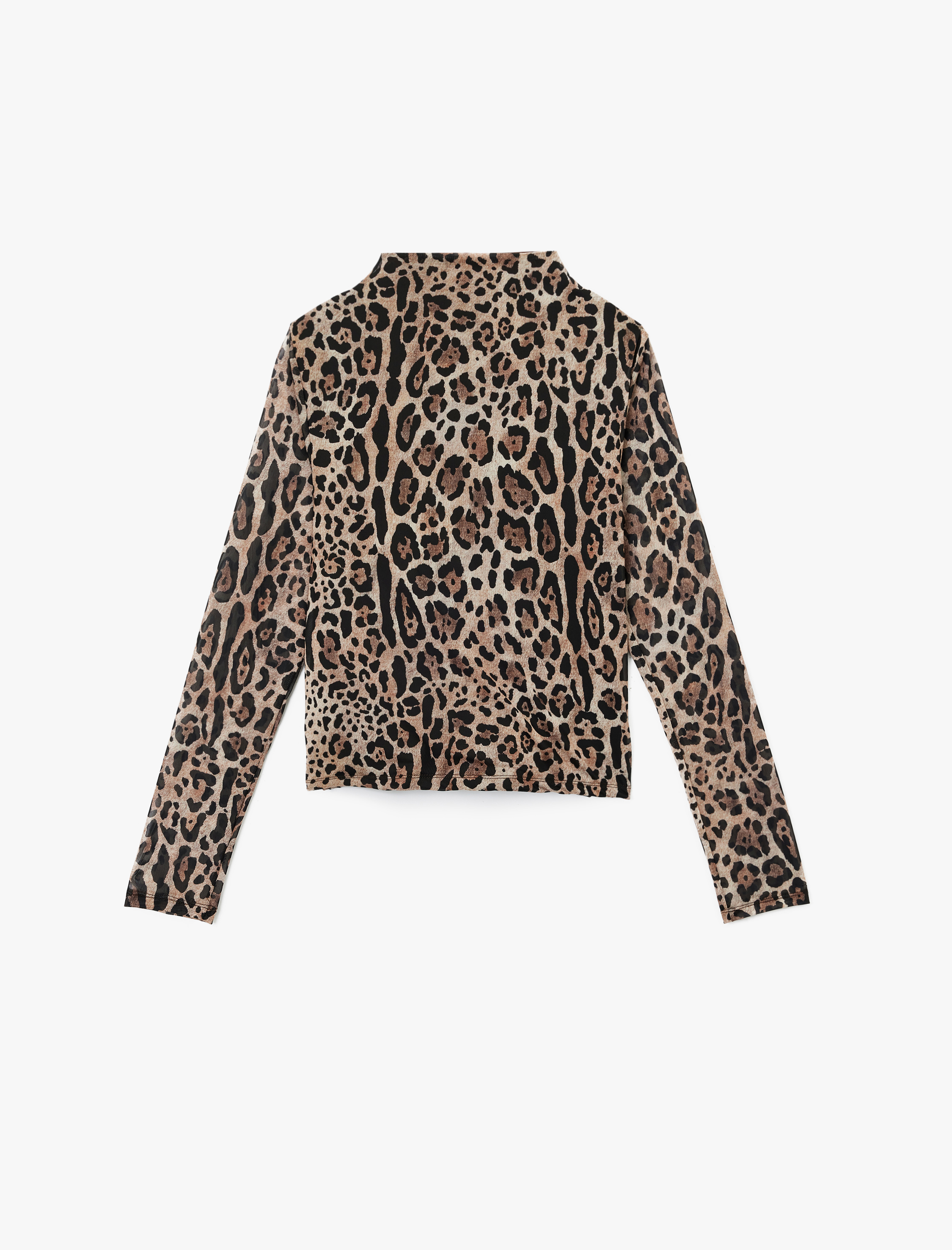   Uzun Kollu Yarı Transparan Drapeli Dik Yaka Leopar Desenli Tül Bluz