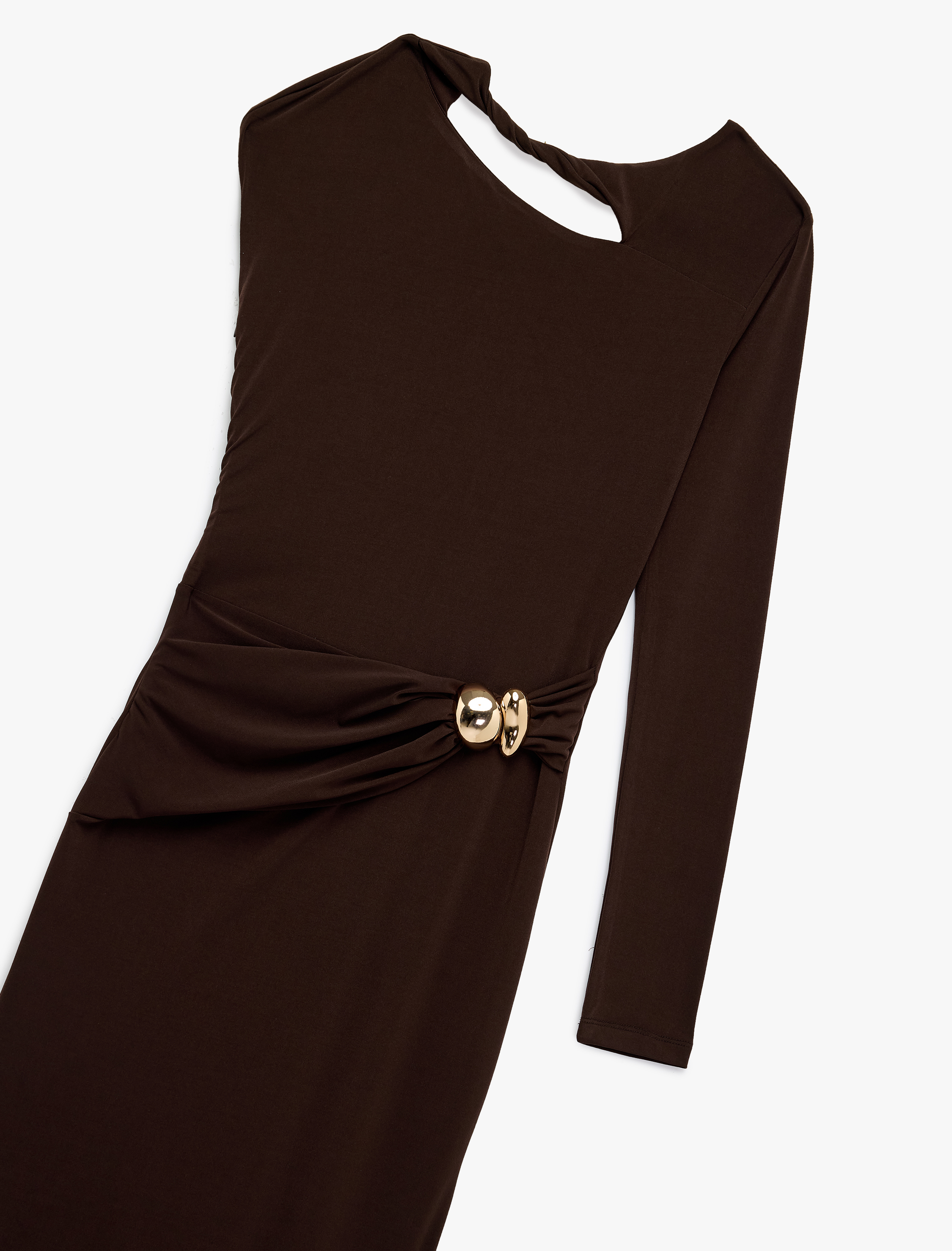   Uzun Kollu Metal Aksesuarlı Sırtı Pencere Detaylı Uzun Tek Omuz Elbise