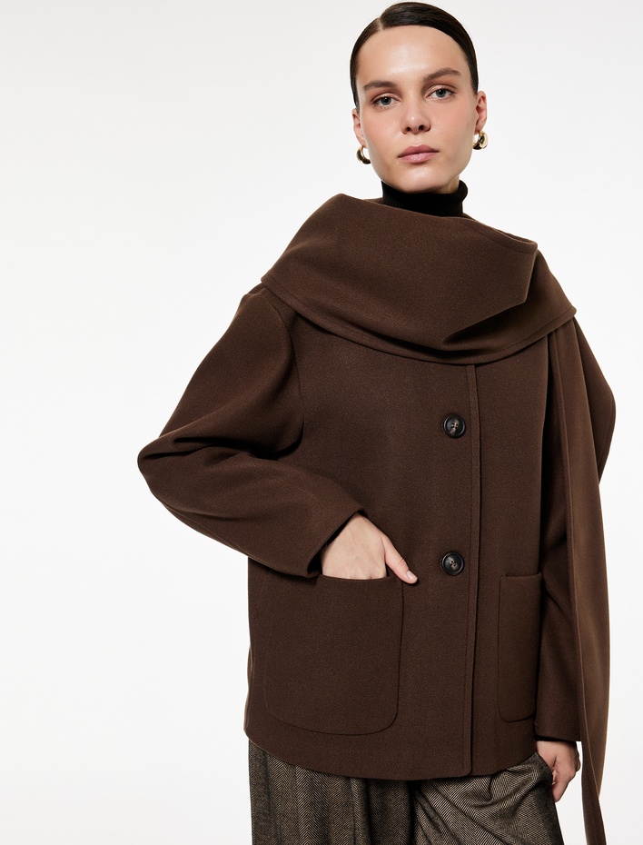  Uzun Kollu Cepli Düğmeli Şal Yaka Atkılı Kaşe Kaban