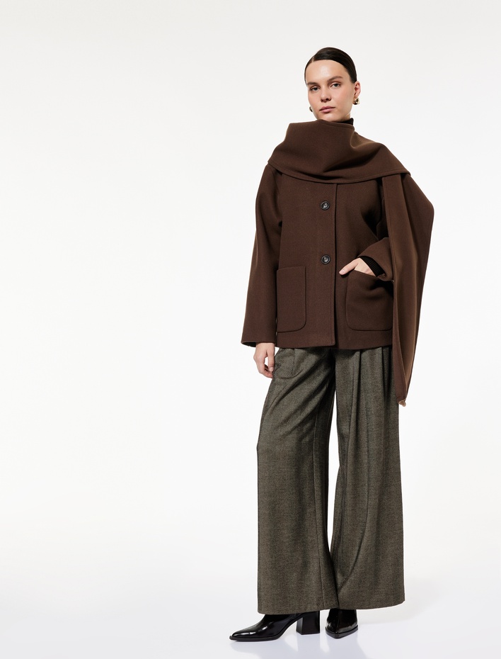  Uzun Kollu Cepli Düğmeli Şal Yaka Atkılı Kaşe Kaban