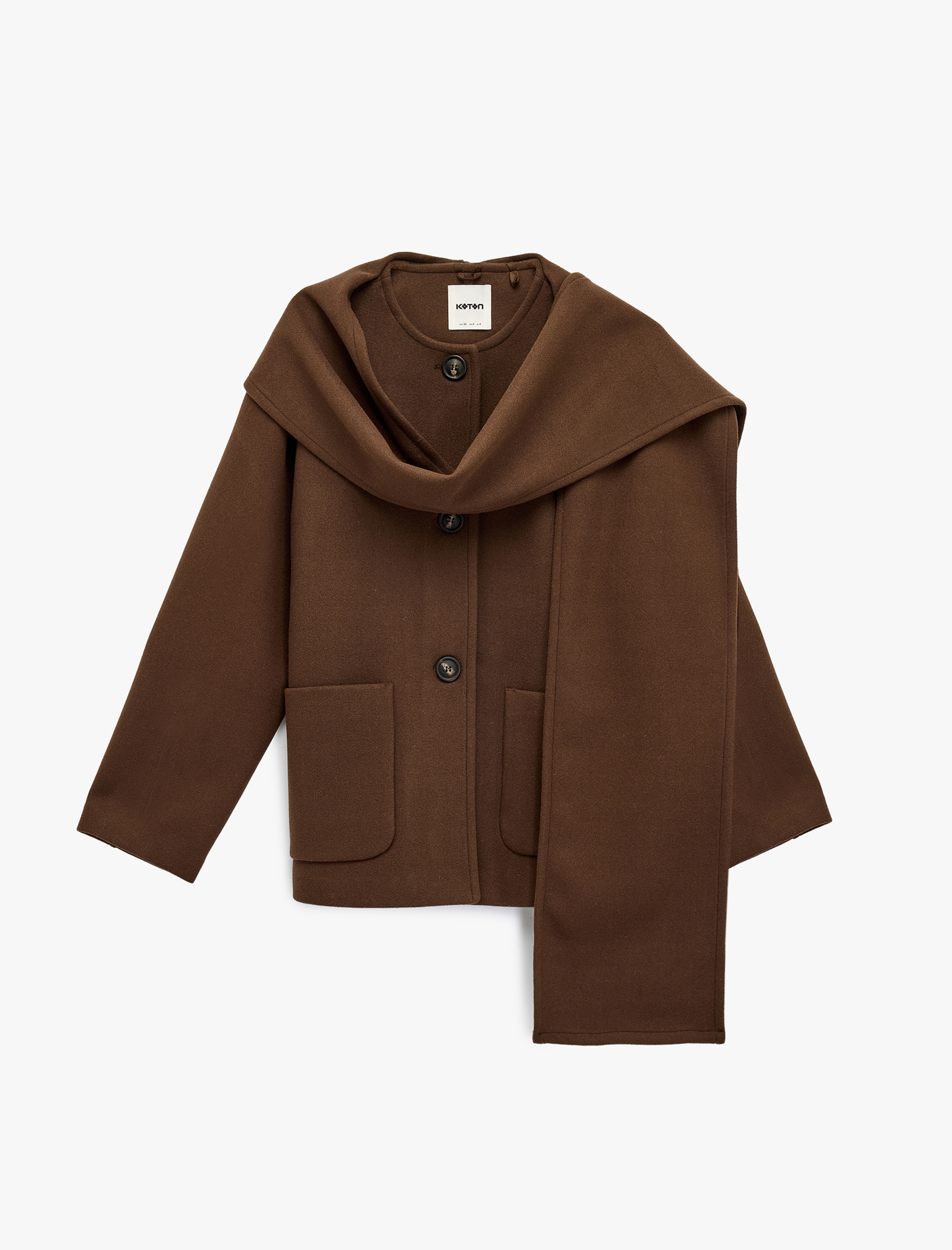   Uzun Kollu Cepli Düğmeli Şal Yaka Atkılı Kaşe Kaban