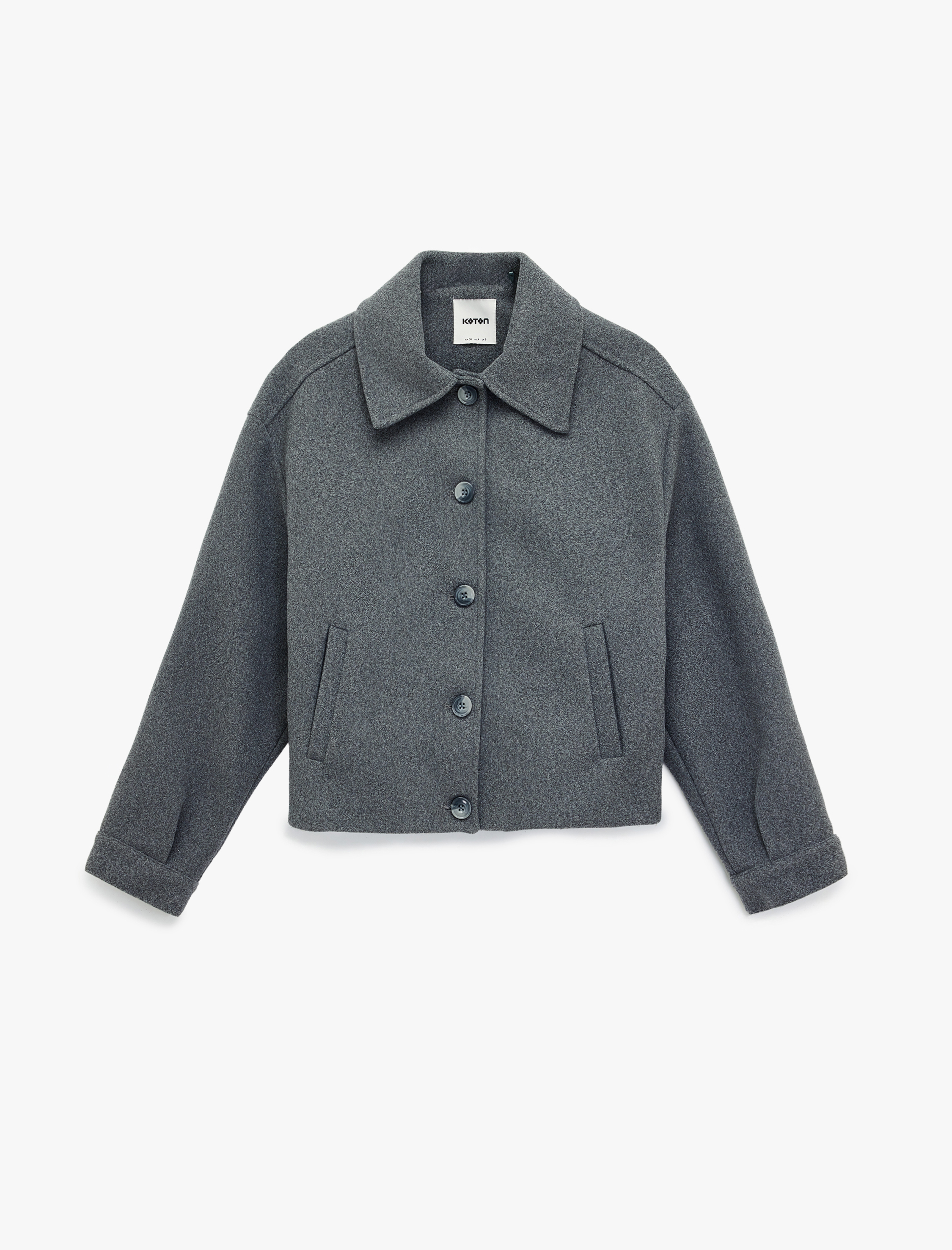   Düğmeli Cepli Uzun Kollu Kruvaze Kısa Kaşe Ceket