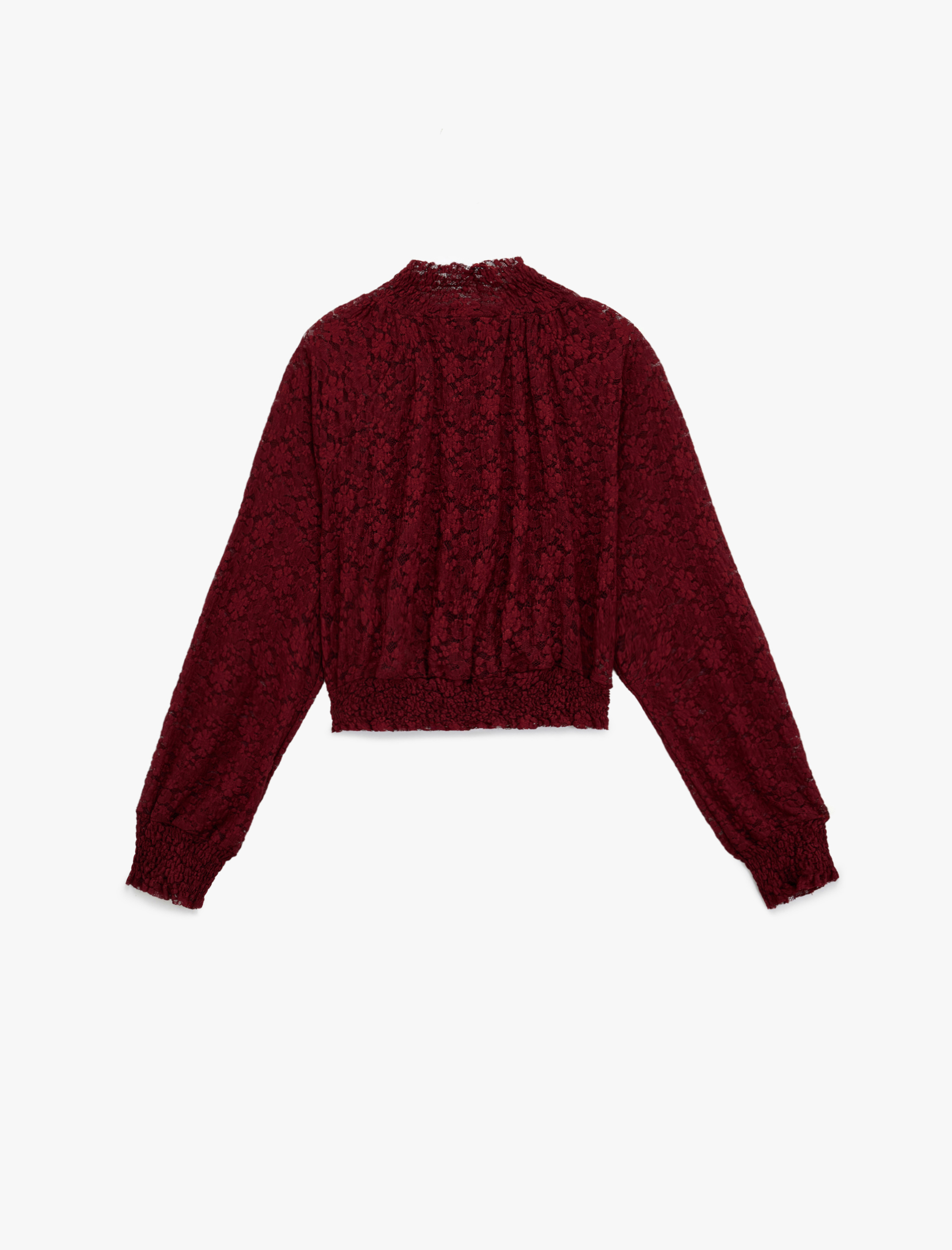   Slim Fit Gipeli Uzun Balon Kollu Dik Yaka Crop Dantelli Bluz