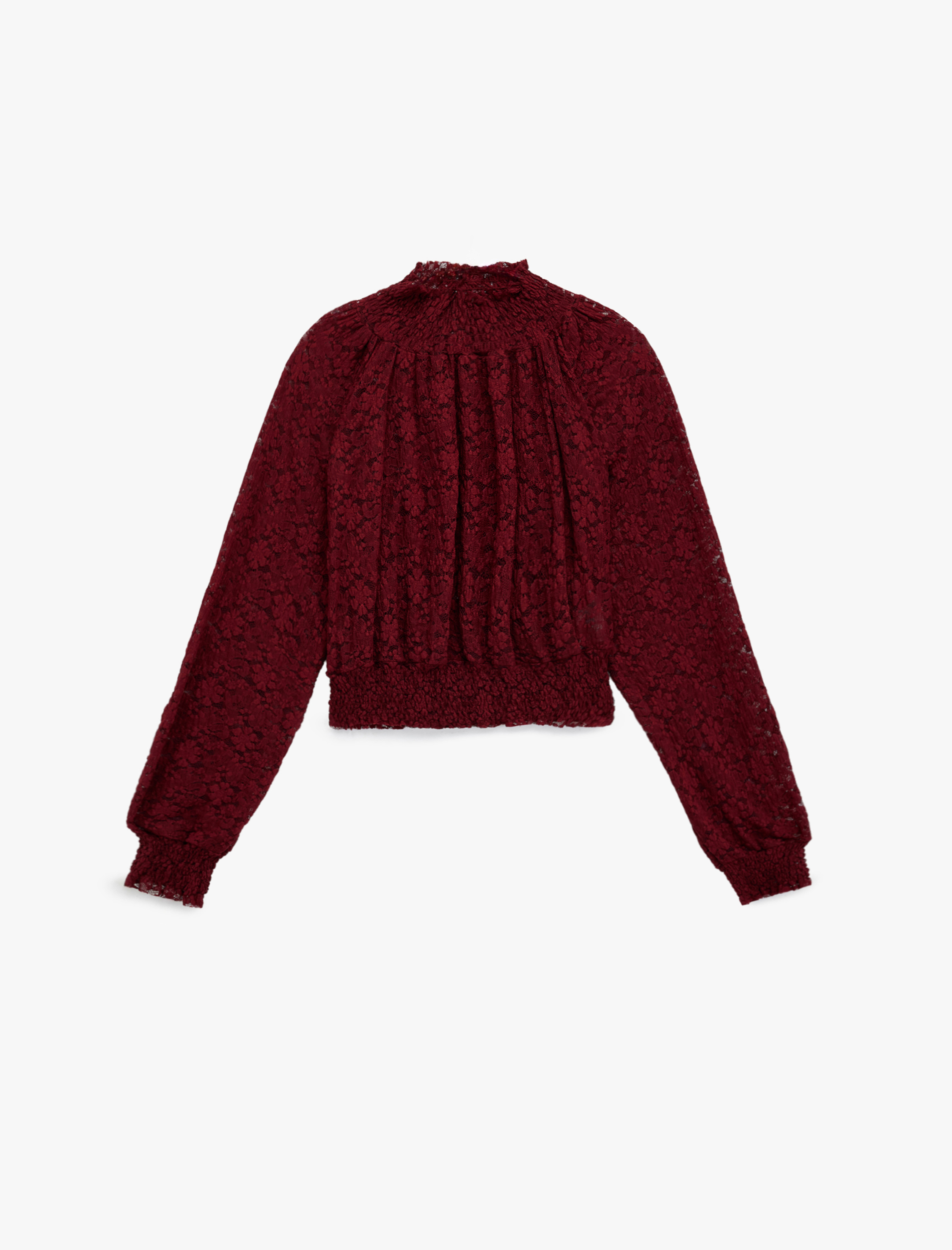   Slim Fit Gipeli Uzun Balon Kollu Dik Yaka Crop Dantelli Bluz