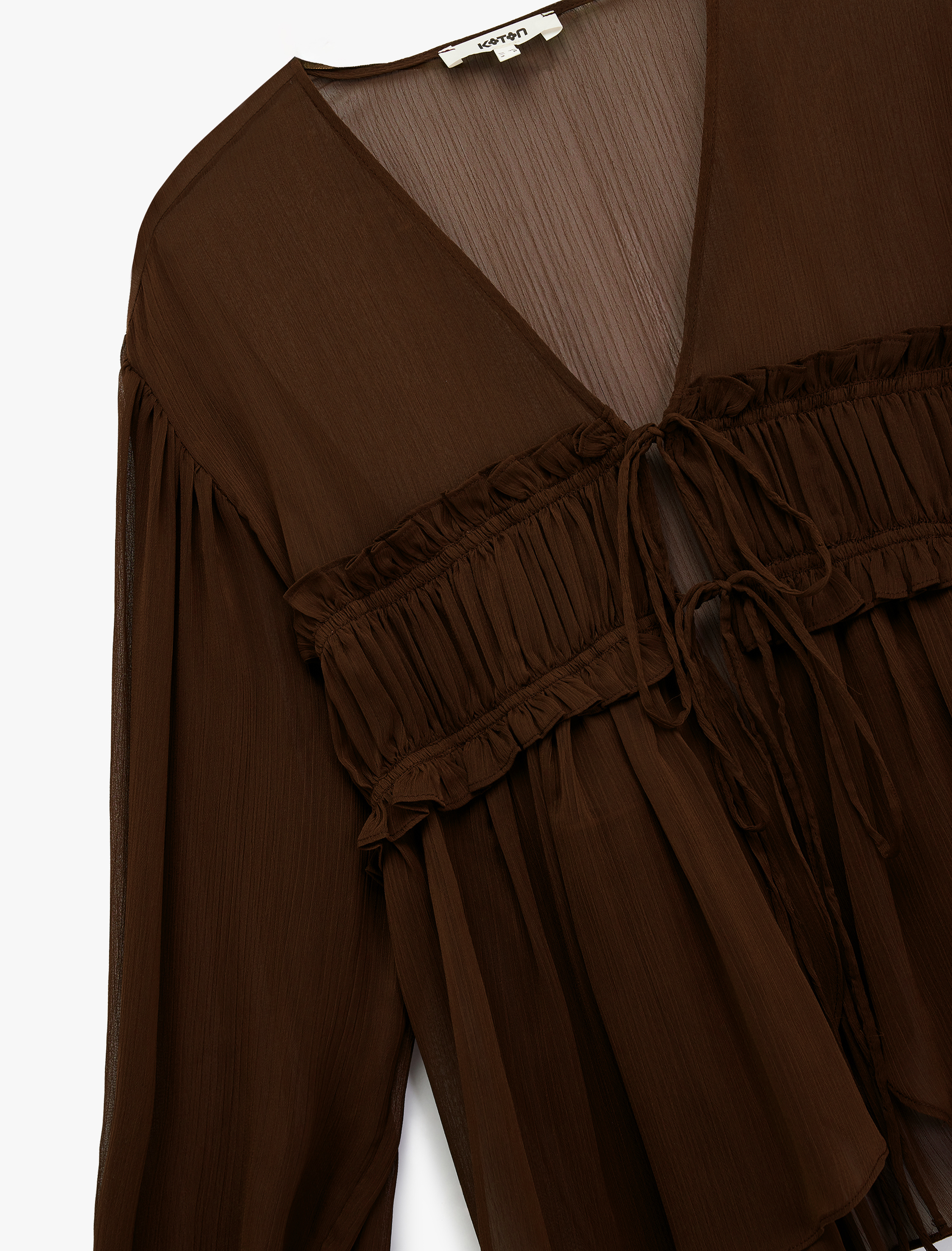   Uzun Kollu Transparan V Yaka Fırfır Detaylı Önden Bağlamalı Tül Bluz