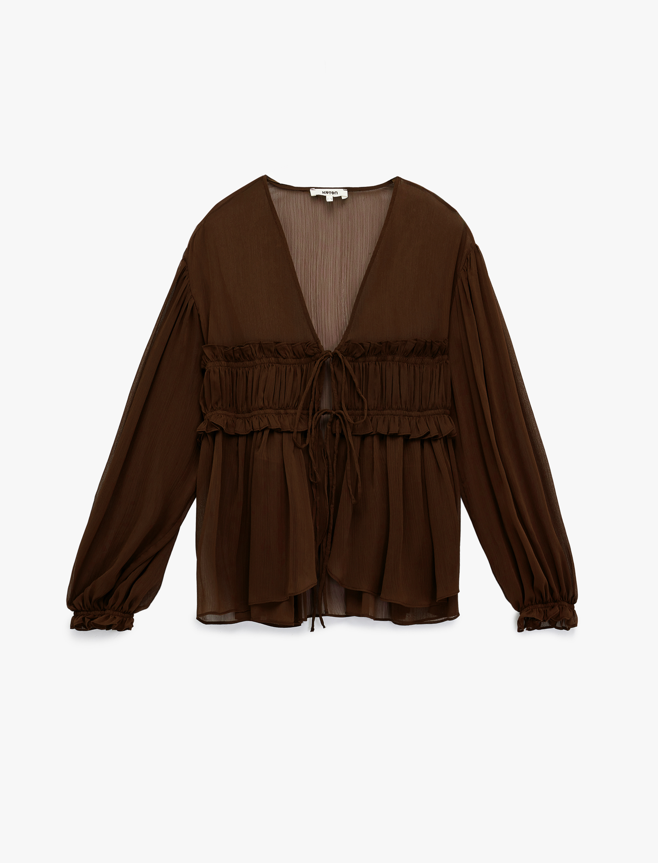   Uzun Kollu Transparan V Yaka Fırfır Detaylı Önden Bağlamalı Tül Bluz