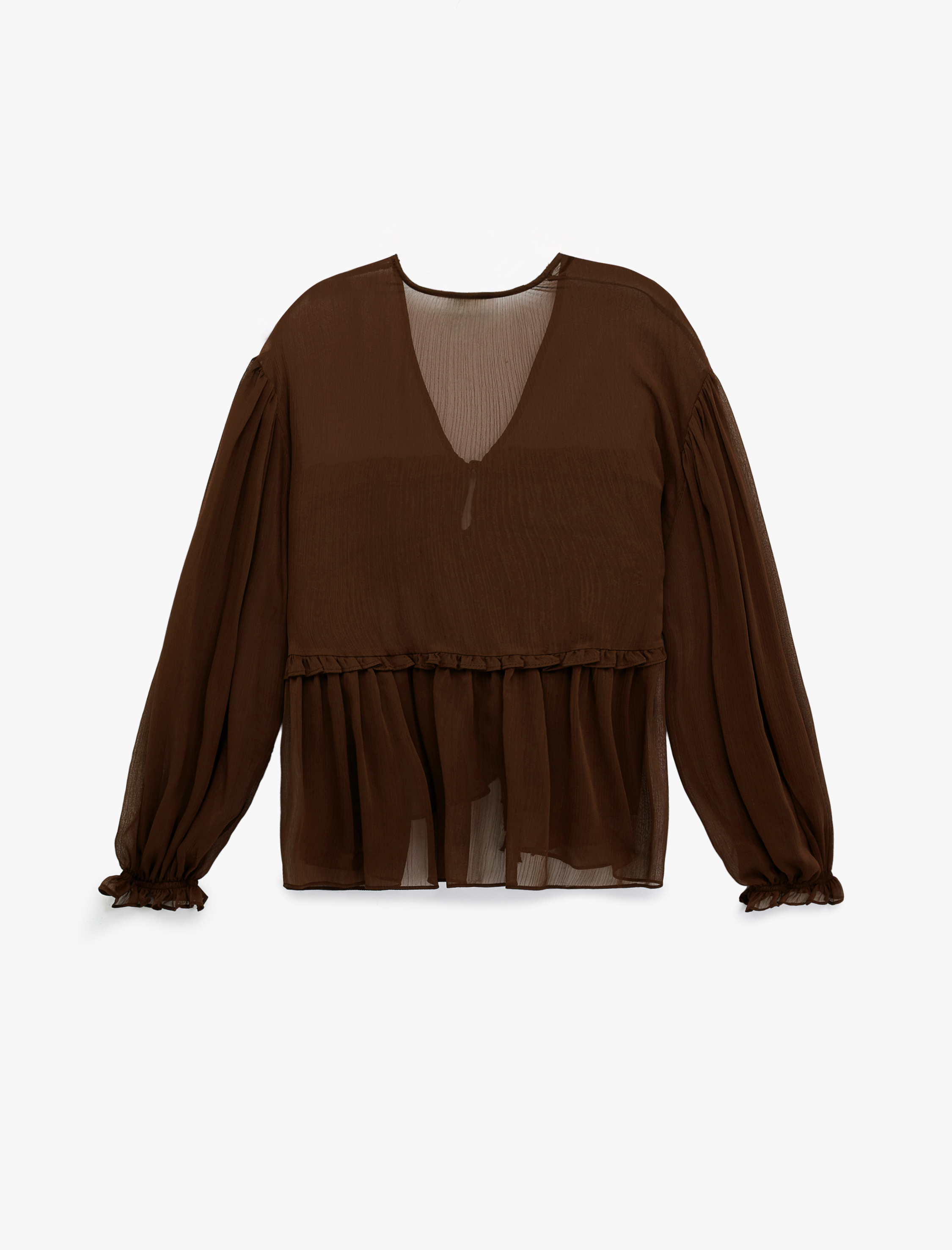   Uzun Kollu Transparan V Yaka Fırfır Detaylı Önden Bağlamalı Tül Bluz