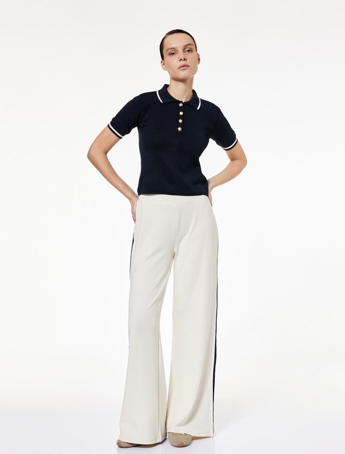  Şardonlu Modal Kumaş Yanları Şerit Detaylı Geniş Paça Eşofman Altı