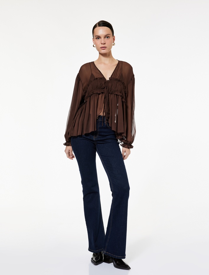  Uzun Kollu Transparan V Yaka Fırfır Detaylı Önden Bağlamalı Tül Bluz