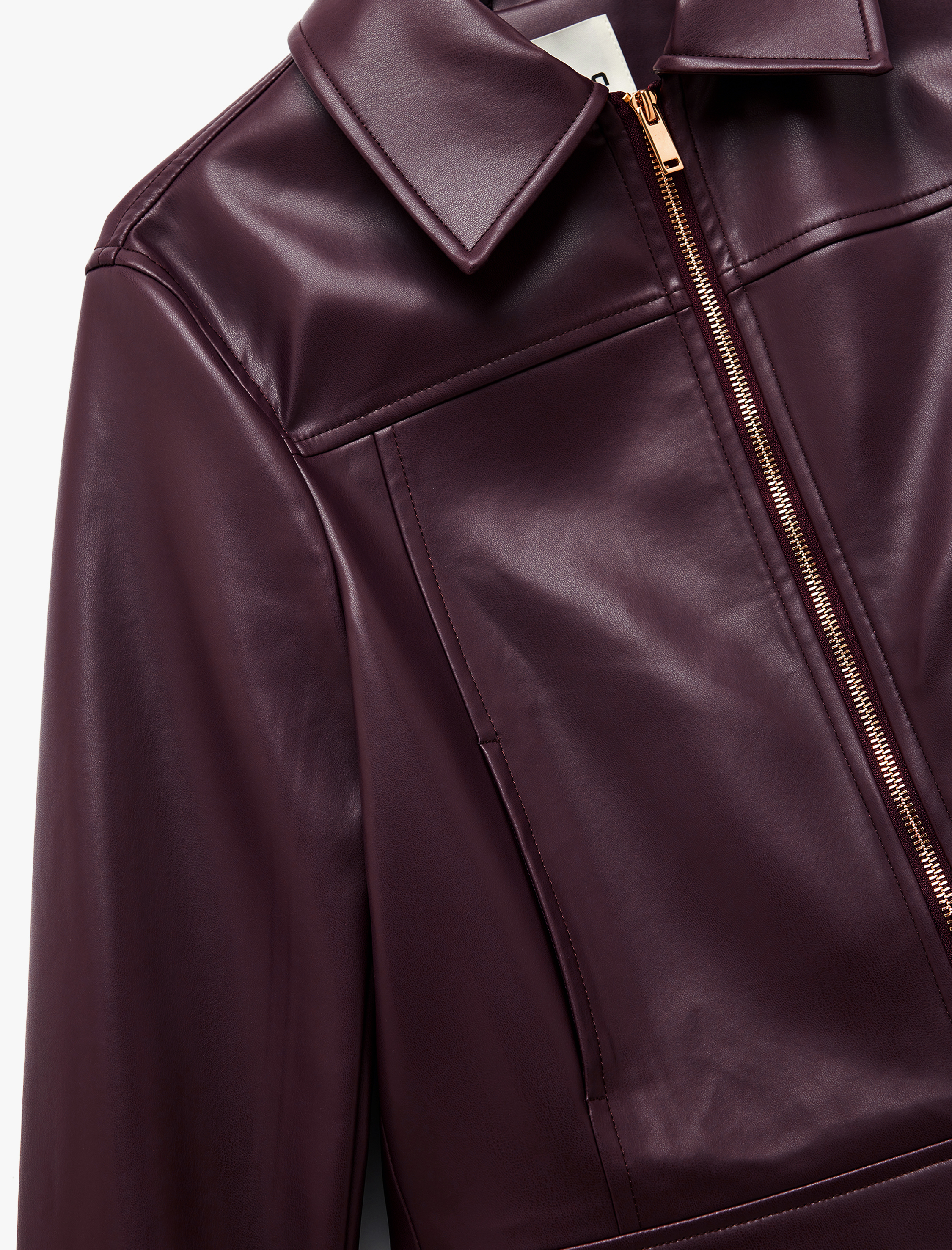   Uzun Kollu Cepli Fermuarlı Crop Suni Deri Ceket