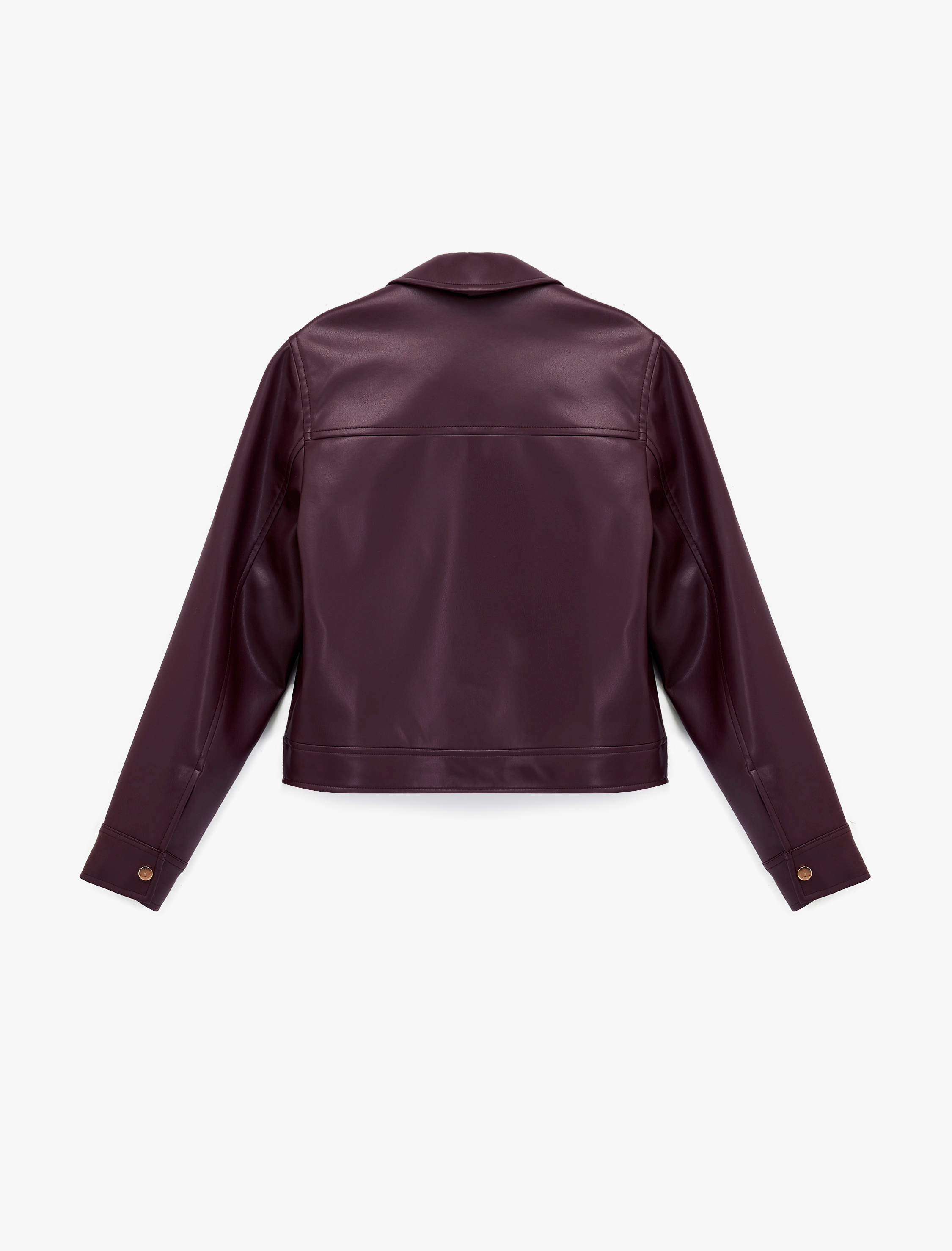   Uzun Kollu Cepli Fermuarlı Crop Suni Deri Ceket