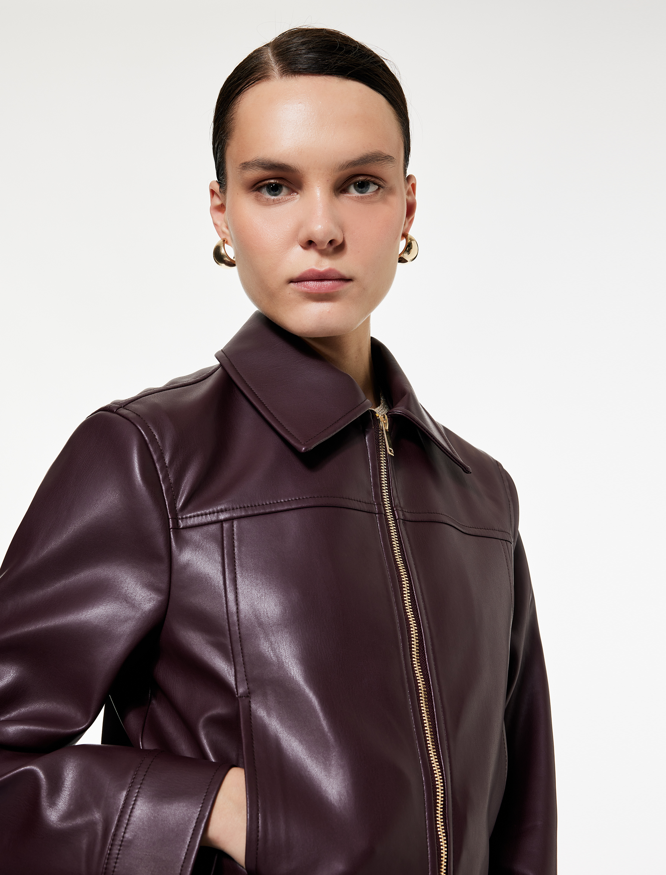   Uzun Kollu Cepli Fermuarlı Crop Suni Deri Ceket