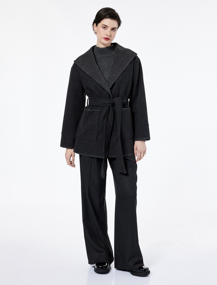  Çoban Dikiş Detaylı Kemerli Cepli Uzun Kollu Kaşe Mont