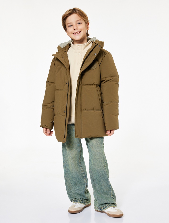 Erkek Çocuk Cep Detaylı Uzun Kollu Su İtici Kapşonlu Mont