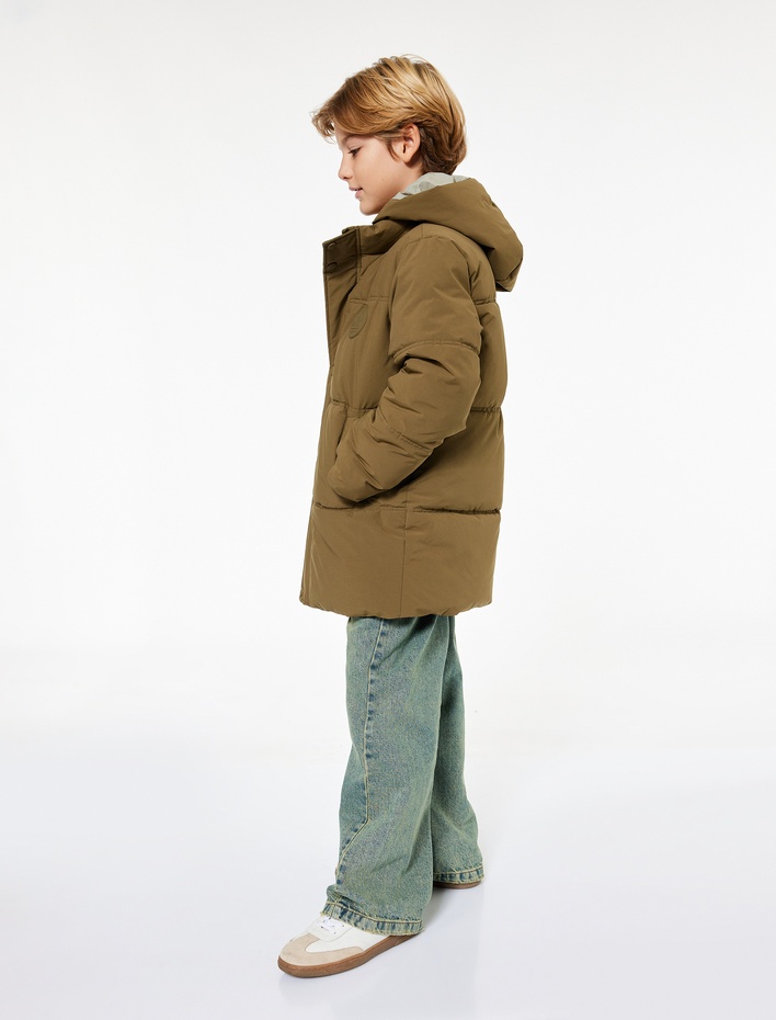Erkek Çocuk Cep Detaylı Uzun Kollu Su İtici Kapşonlu Mont