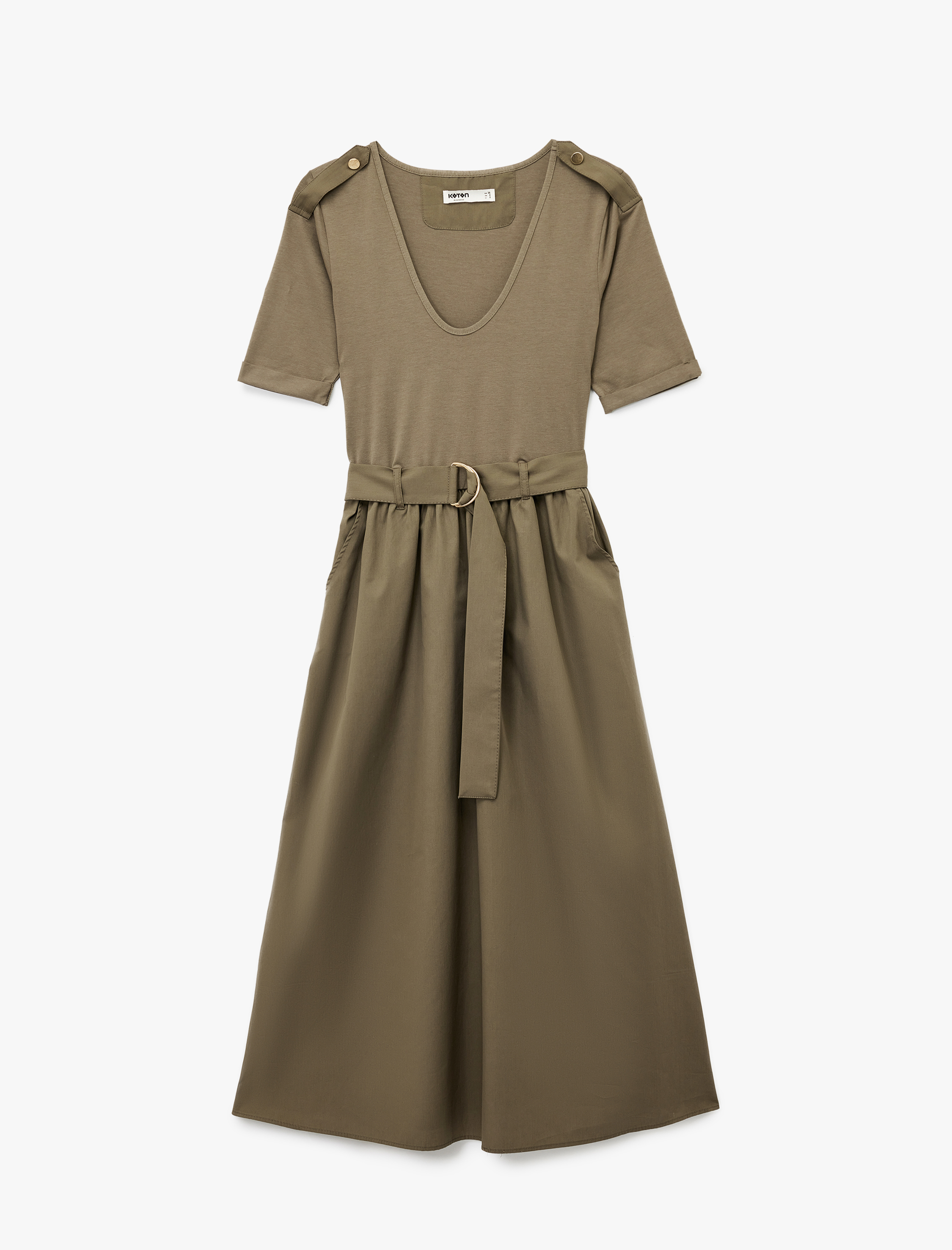   U Yaka Kısa Kollu Kemer Detaylı A Kesim Uzun Elbise