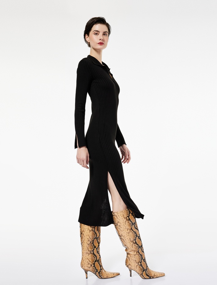  Uzun Kollu Yırtmaçlı Polo Yaka Uzun Triko Kalem Elbise