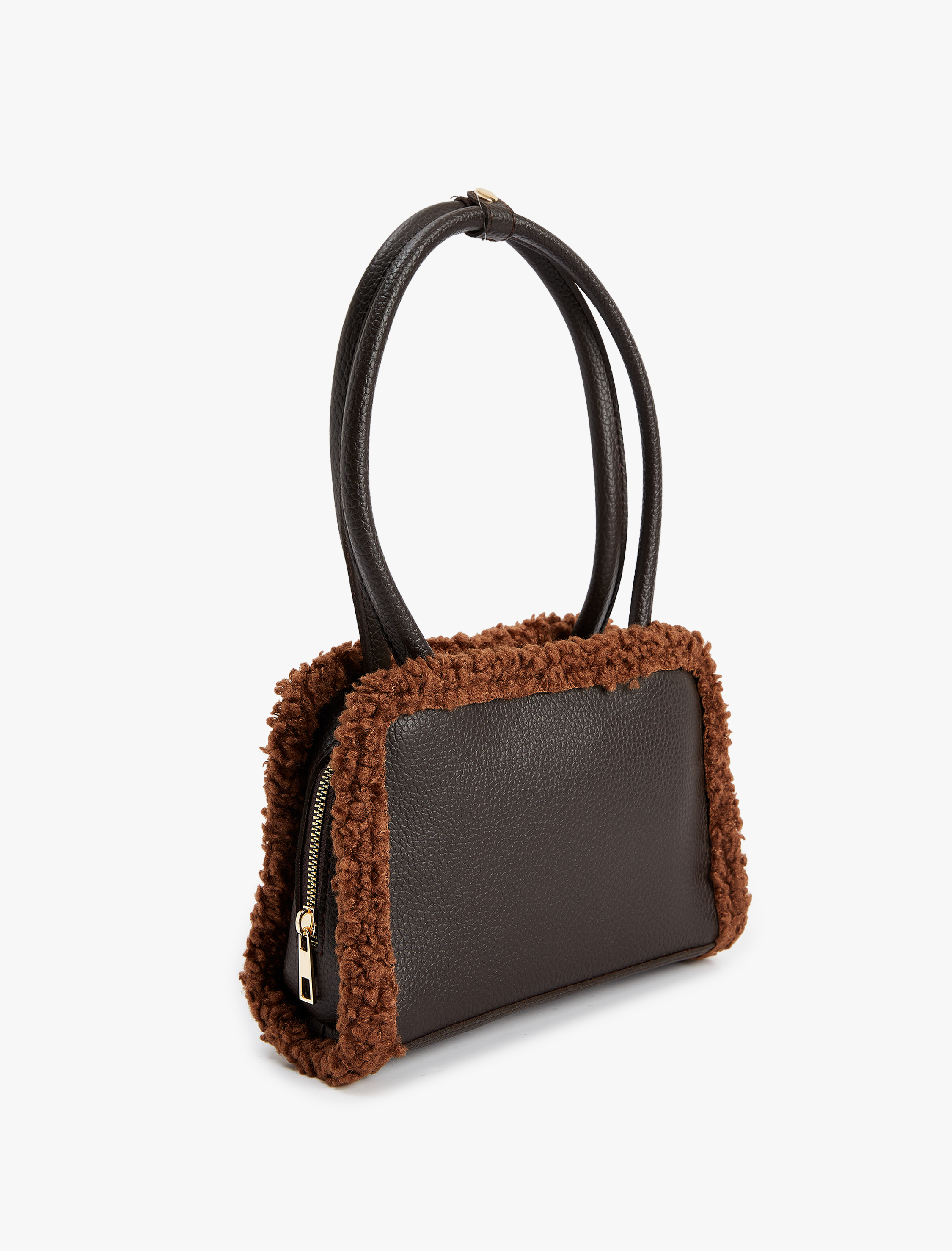  Kadın Peluş Detaylı Fermuarlı Saplı Suni Deri Omuz Çantası
