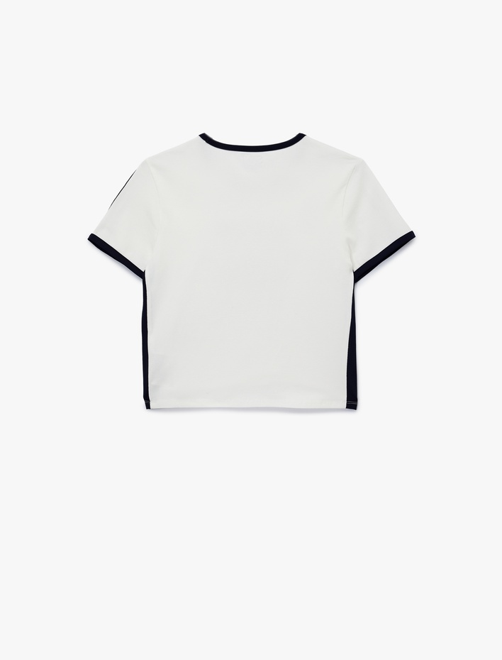 Pamuklu Kısa Kollu Bisiklet Yaka Baskılı Crop Spor Tişört