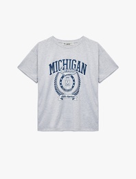 Kısa Kollu Kolej Baskılı Bisiklet Yaka Oversize Tişört