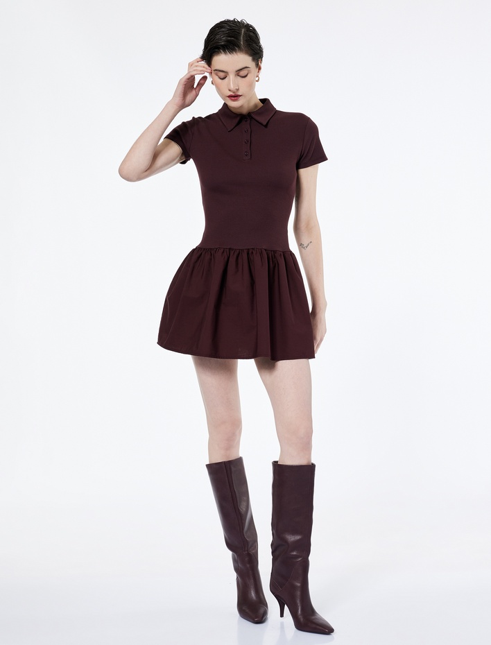  Pamuklu Düğmeli Kısa Kollu Mini Polo Yaka Elbise