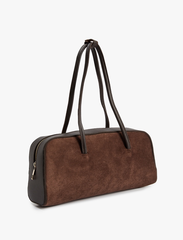 Kadın Fermuarlı Saplı Suni Süet Deri Görünümlü Büyük Omuz Çantası