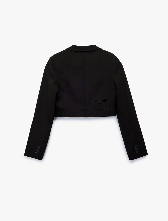  Uzun Kollu Düğmeli Geniş Yaka Crop Blazer Ceket