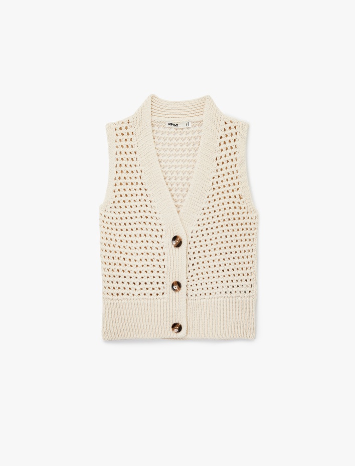  V Yaka Düğmeli Ajurlu Triko Yelek