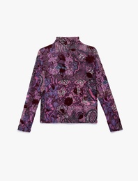 Dik Yaka Uzun Kollu Slim Fit Çiçekli Tişört