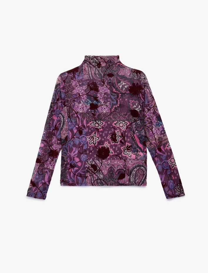  Dik Yaka Uzun Kollu Slim Fit Çiçekli Tişört