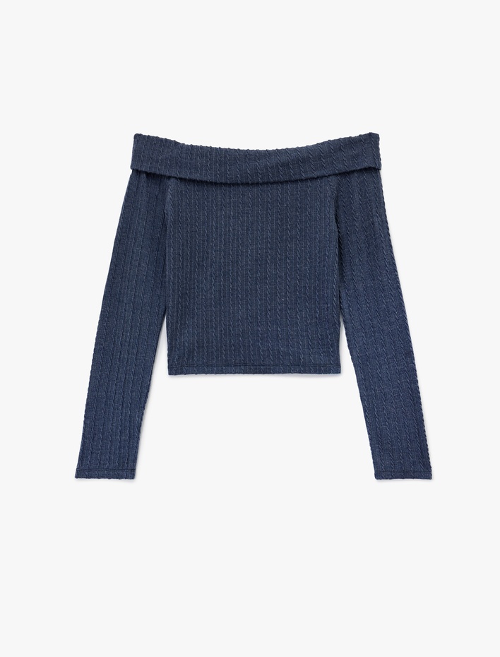  Slim Fit Uzun Kollu Saç Örgü Dokulu Omzu Açık Bluz