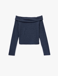 Slim Fit Uzun Kollu Saç Örgü Dokulu Omzu Açık Bluz