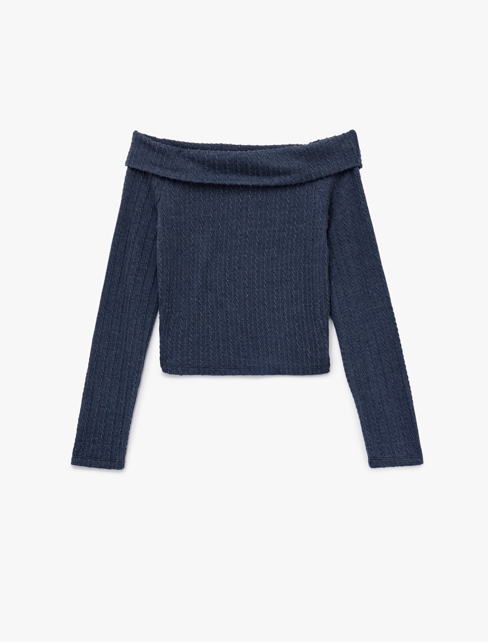  Slim Fit Uzun Kollu Saç Örgü Dokulu Omzu Açık Bluz