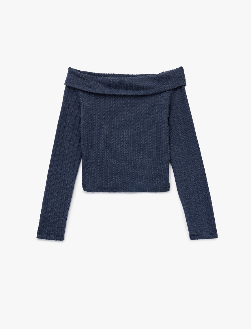   Slim Fit Uzun Kollu Saç Örgü Dokulu Omzu Açık Bluz