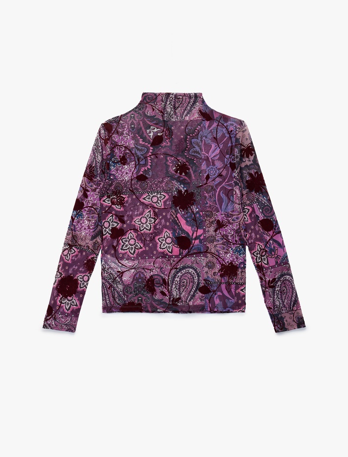  Dik Yaka Uzun Kollu Slim Fit Çiçekli Tişört