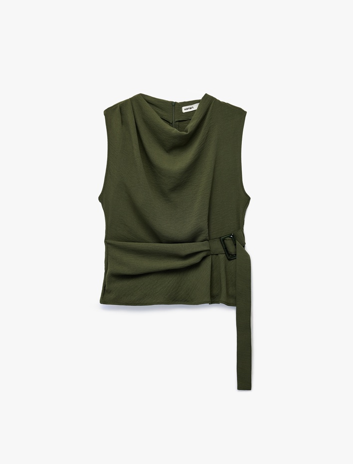  Aerobin Kumaş Kolsuz Degaje Yaka Kemer Detaylı Bluz