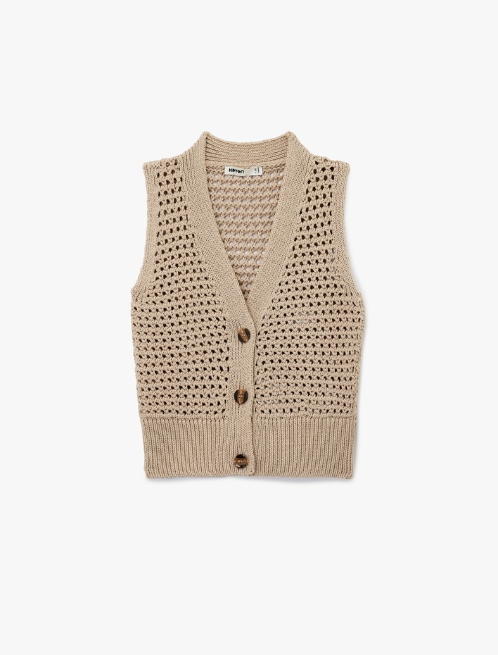  V Yaka Düğmeli Ajurlu Triko Yelek