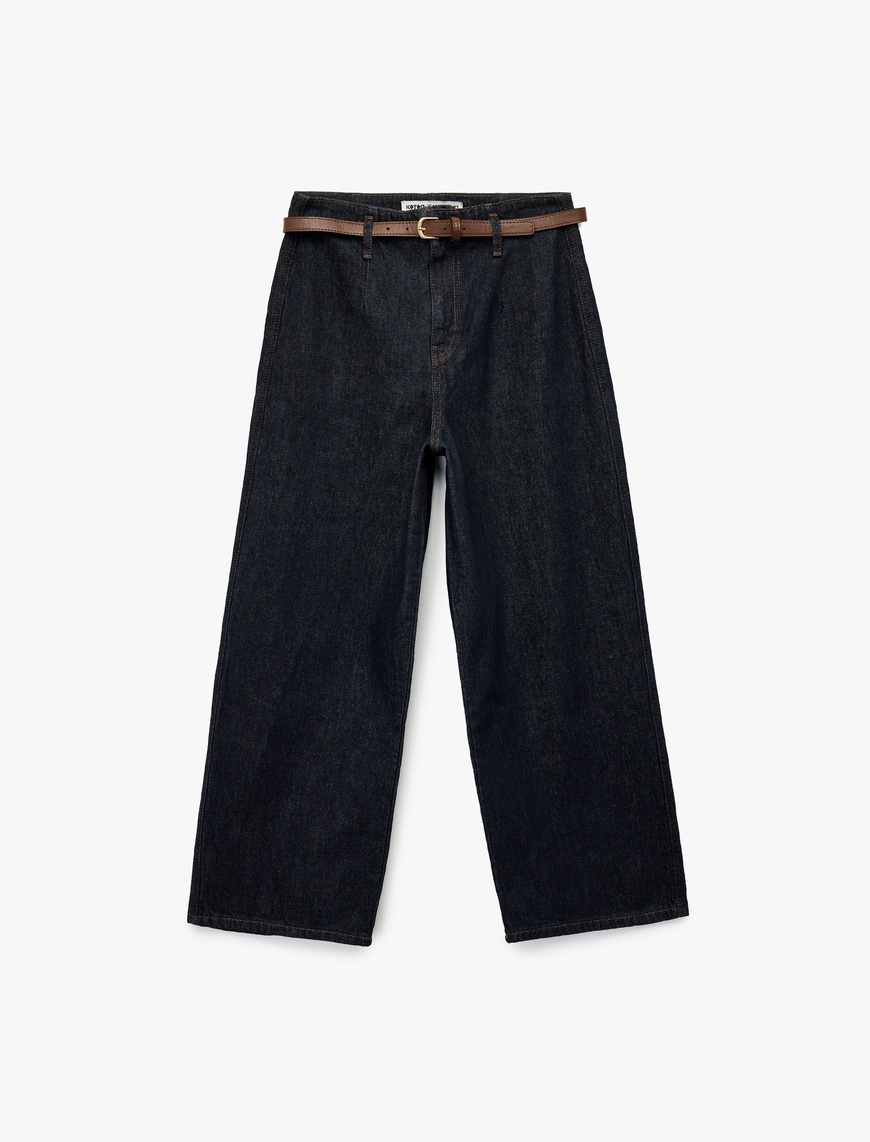   Yüksek Bel Pamuklu Kemer Detaylı Cepli Kısa Geniş Paça Jean Pantolon - Wide Leg Jeans