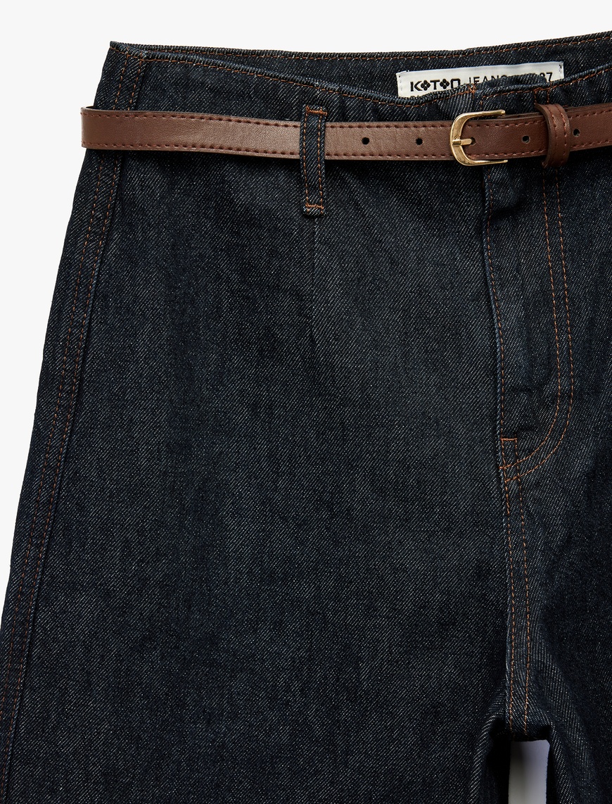   Yüksek Bel Pamuklu Kemer Detaylı Cepli Kısa Geniş Paça Jean Pantolon - Wide Leg Jeans