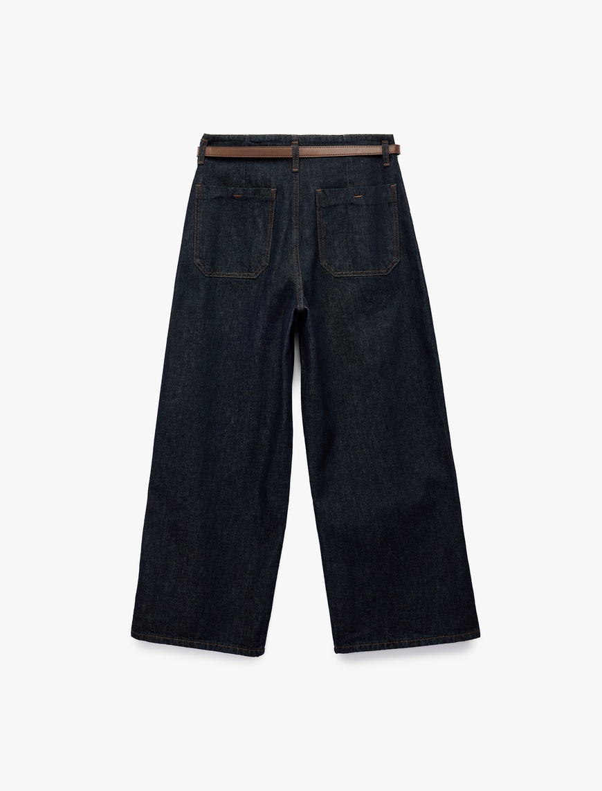   Yüksek Bel Pamuklu Kemer Detaylı Cepli Kısa Geniş Paça Jean Pantolon - Wide Leg Jeans